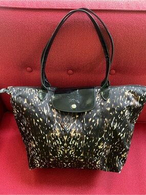 Longchamp Leopard Print Tote in Black and Brown